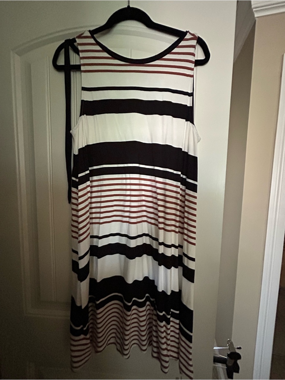 Striped Sleeveless Swing Dress in Black, Cream and Brown.  Back tie.